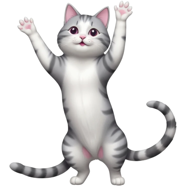 grey and white cat doing a big long stretch reaching up into the air emoji