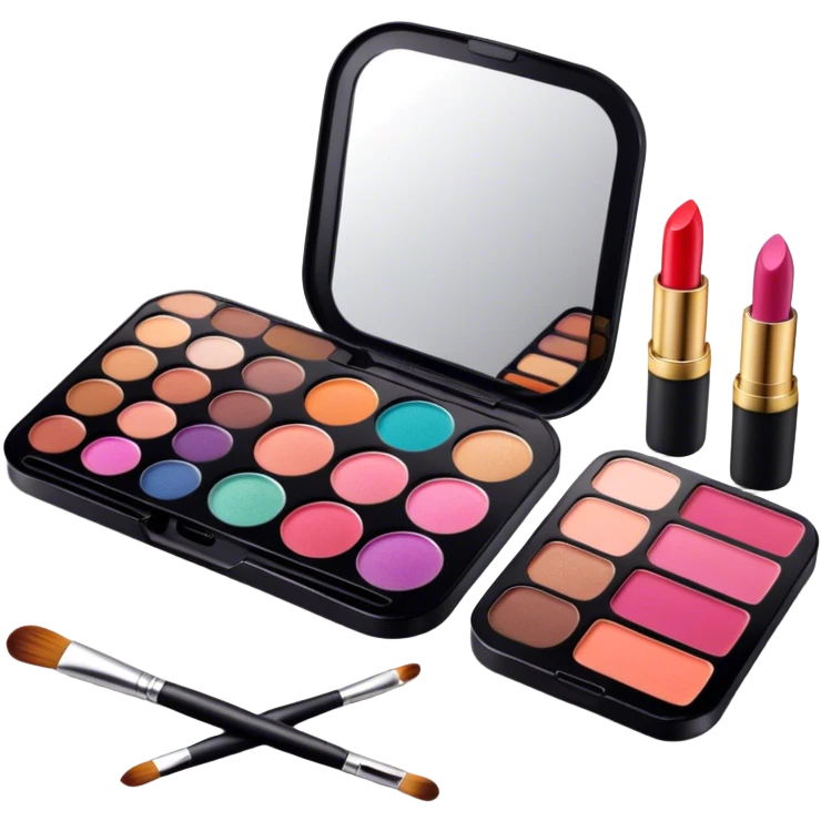 A photorealistic icon featuring makeup brushes, lipstick, eyeshadow palette, and a compact mirror with a completed makeup look. Bright, detailed design with realistic textures and lighting. Transparent background, clearly symbolizing makeup and beauty. emoji