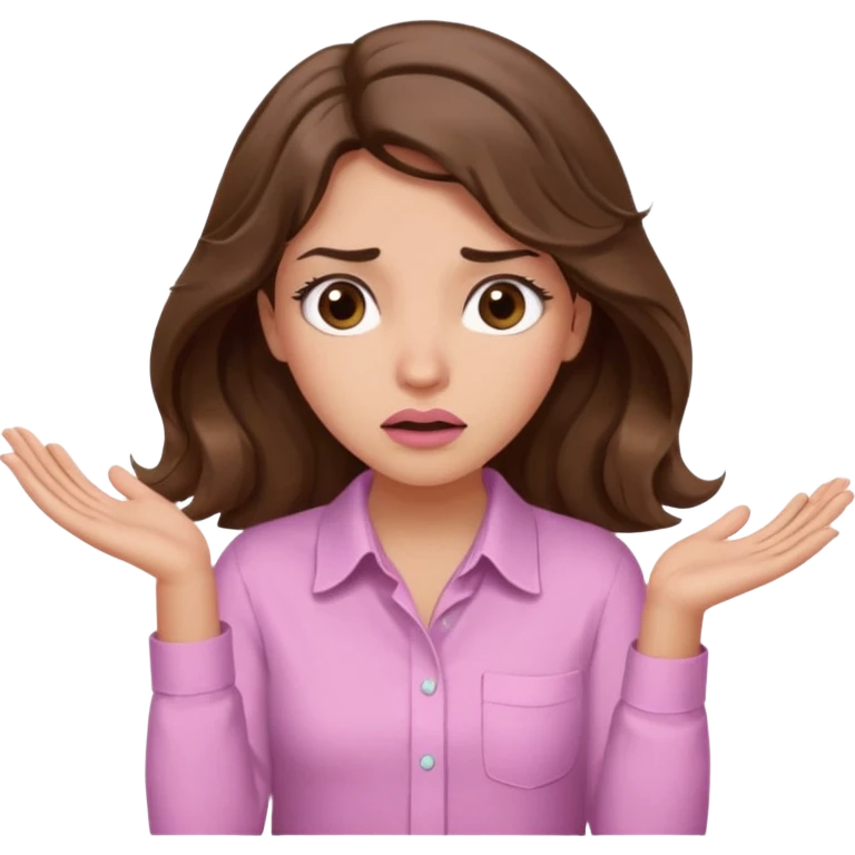 girl with wavy long brown hair, brown eyes, light to medium complexion, long lashes, light pink lipstick, wearing light pink shirt, shrugging with both hands, confused emoji