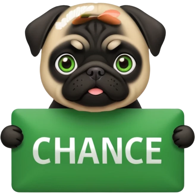 black pug holding a green sign with the text 'Chance' emoji