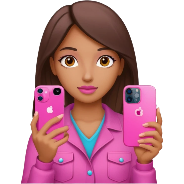 chica "baddie" con un iphone 13 rosa en la mano como sacando foto emoji