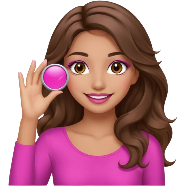 girl with long wavy brown hair, brown eyes, long lashes makeup, sexy pink lips, light to medium complexion, pink sexy top, smiling, hand covering eyes emoji