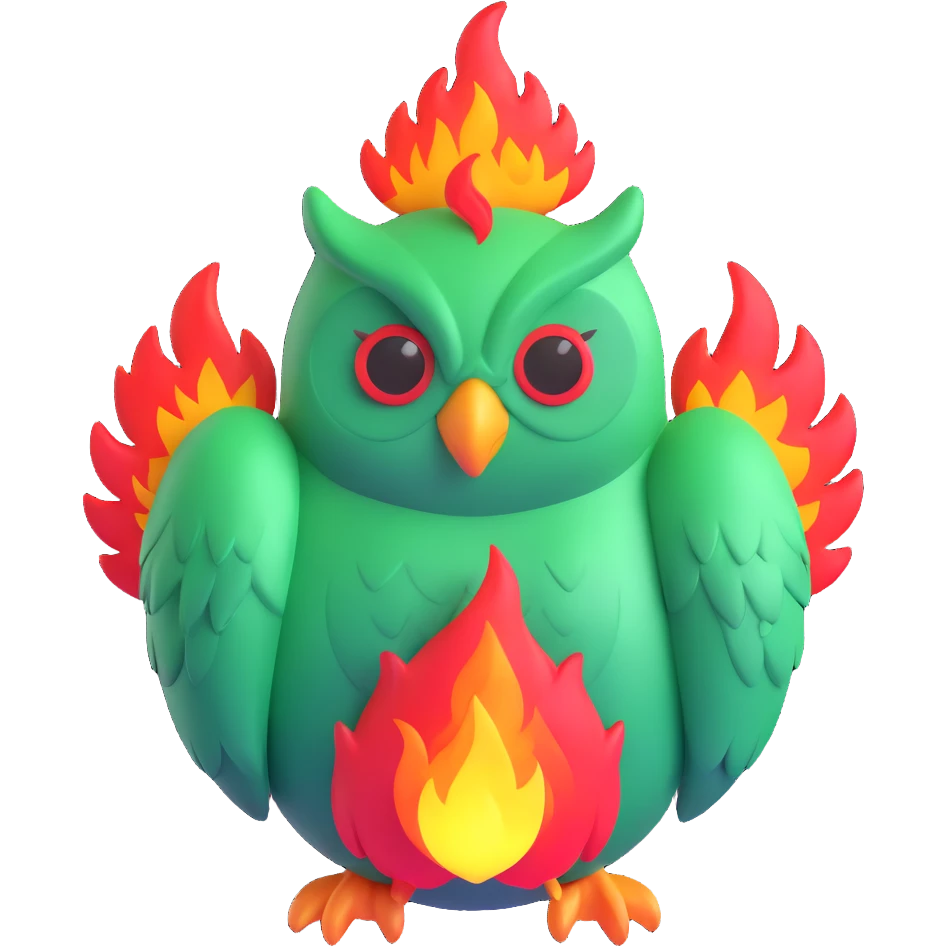 Duolingo green owl mascot with fire flames emoji