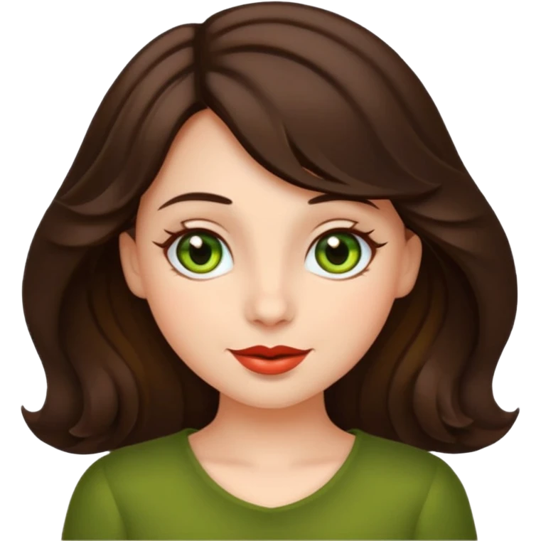 apple style emoji of a coquette girl with midi dark brown slightly wavy hair, bright skin, greenish hazel eyes, small cute lips, charming and playful expression emoji