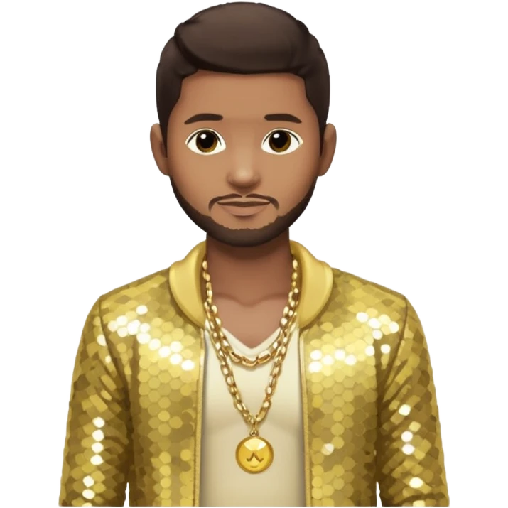 Usher with dark brown hair, pale yellow sequin jacket, shirtless with necklace  emoji