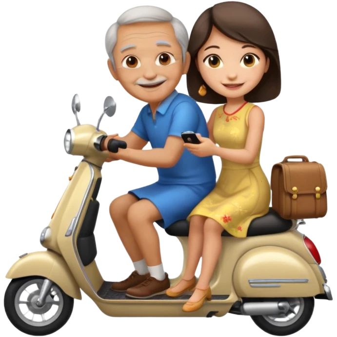 generate iphone emoji old guy italian and chinese girl into the scooter emoji