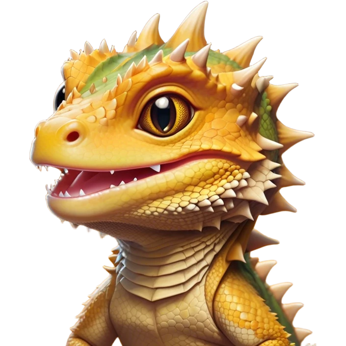 Cinematic Cute Bearded Dragon Portrait Emoji, Head tilted playfully and inquisitively, featuring a glossy, scaled hide in warm olive hues with an adorably scrunched spiky beard and round, sparkling eyes full of curious mischief, Simplified yet irresistibly adorable features, highly detailed, glowing with a warm, friendly glow, high shine, affectionate and lively, stylized with a touch of rugged whimsy, bright and endearing, soft glowing outline, capturing the essence of a mischievous yet loving dragon, so playful it feels like it could scamper out of the screen into your arms! emoji