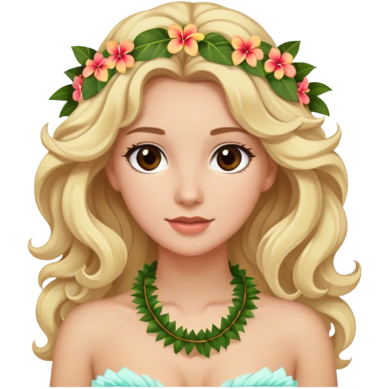 Blonde model with brown eyes, medium-length soft curls, luxury honeymoon in Hawaii emoji