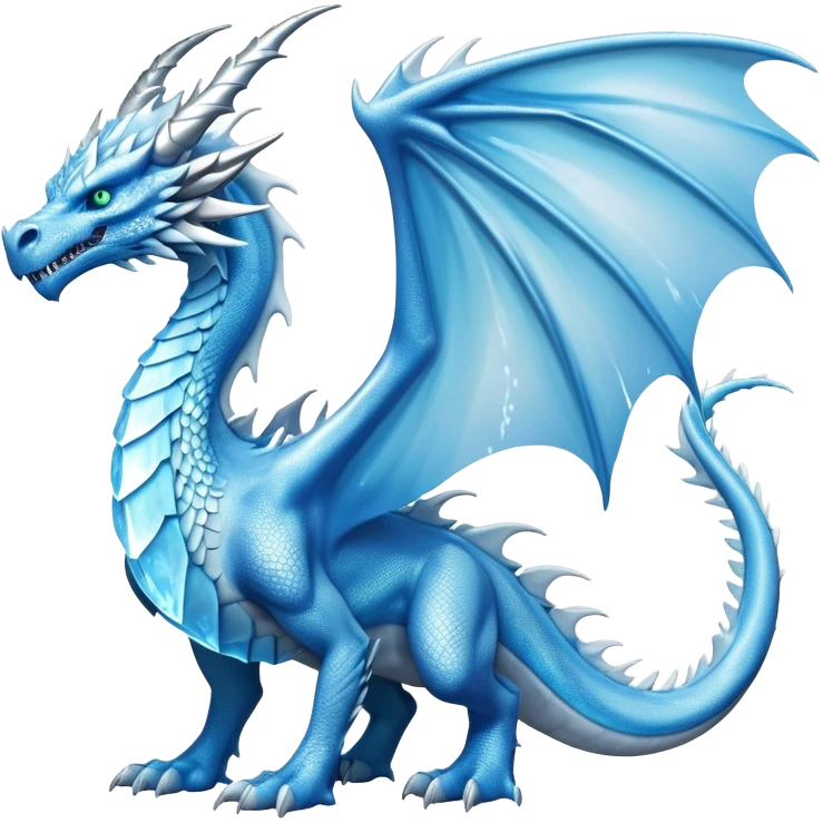 Cinematic Noble Fierce Ice Dragon full body Emoji, Poised and imposing, distinct long elegant snout, with a slender, scaled body shimmering in glacial hues of icy blue, frostbitten silver, and crystalline white, breathing out frost, with piercing, glowing eyes that radiate the chilling depths of an arctic storm; rendered in detail. displaying its wings emoji