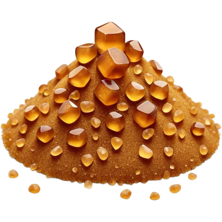 heap of brown sugar, golden-amber, coarse crystals, granulated, dry, a few loose crystals at base, no spoon, clean, 3D, soft shadows, natural texture, no cartoon features, no packaging, no bowl, transparent background, emoji scale emoji