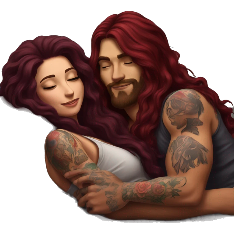 Beautiful tattooed burgundy long haired woman laying on the boyfriends chest emoji
