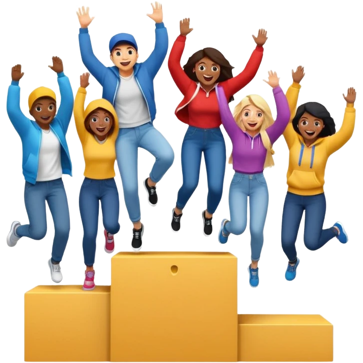 winners’ podium with multi-racial people, middle step higher, no numbers, fun colorful clothes like jeans t-shirts and hoodies, one person jumping, excited fun expressive emoji style emoji