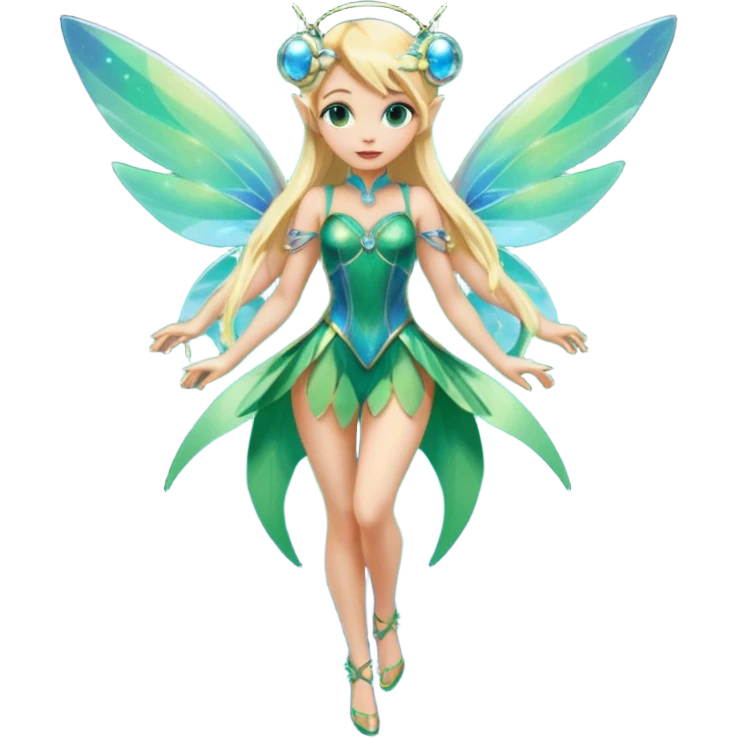 Isolated, 3D rendering, Tinkerbell with futuristic cyberpunk style and colors, ultra detailed wings, flying by the quarter shaped, blue iridescent whimsical moon, blonde long shiny hair,  emerald jewel green eyes, in a one piece dress, full body view. Not holding anything in hands  emoji