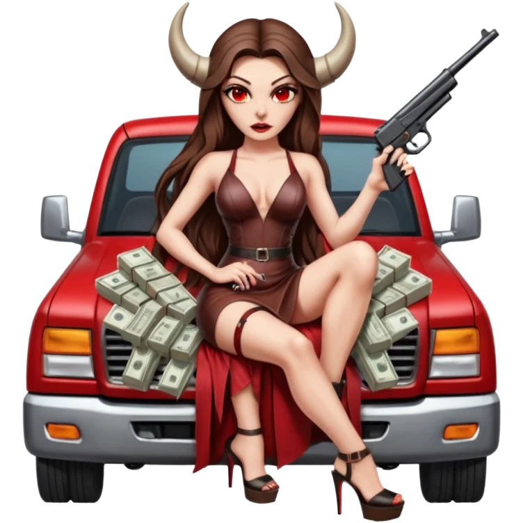 Lilith symbol red eye seductress evil long brown haired sexy succubus woman with leather long dress with slit on, sitting in Big Large F350 pickup truck. Platform long high heels on feet. Back seat full of stacks of cash, she is  Holding a man dead human skull of her enemies and a gun in other hand emoji