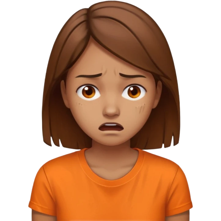 25 year old woman in orange shirt, she looks like she is in pain. She has brown hair emoji