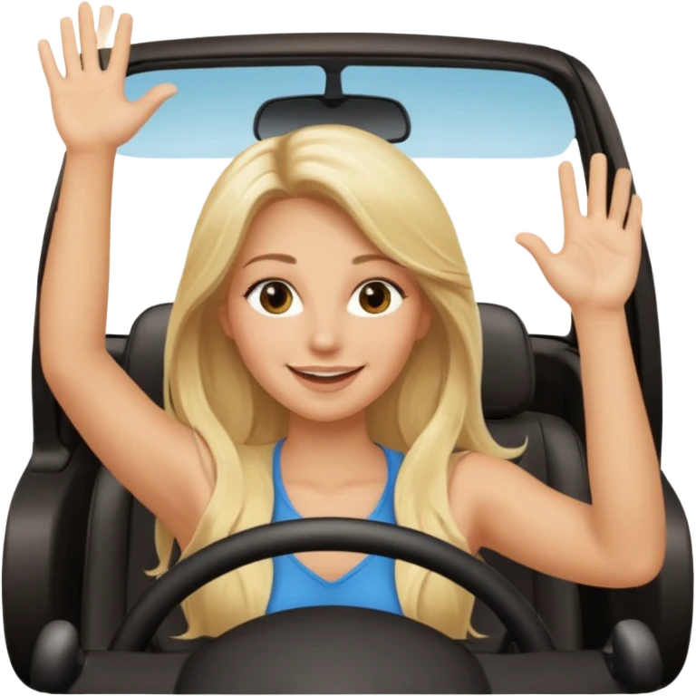 blonde long hairwoman driving car. one hand up Happy face confidence emoji