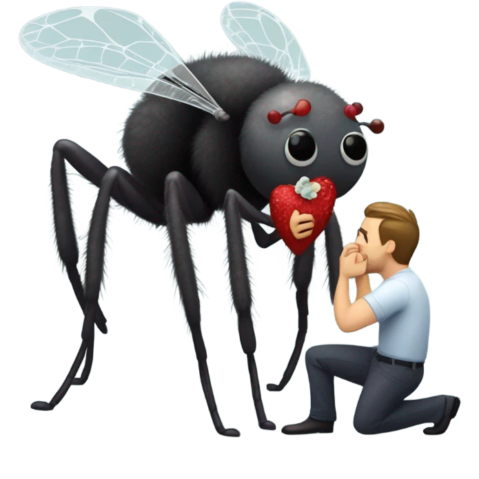A fly is kneeling on one knee with a wedding ring to propose to his girl friend, a big fuzzy spider that is ready to eat the fly, but in a loving way emoji