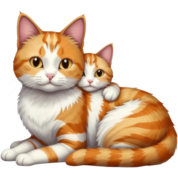 full body colourful light patched calico + white tabby cat cuddling a large grey and white cat  emoji