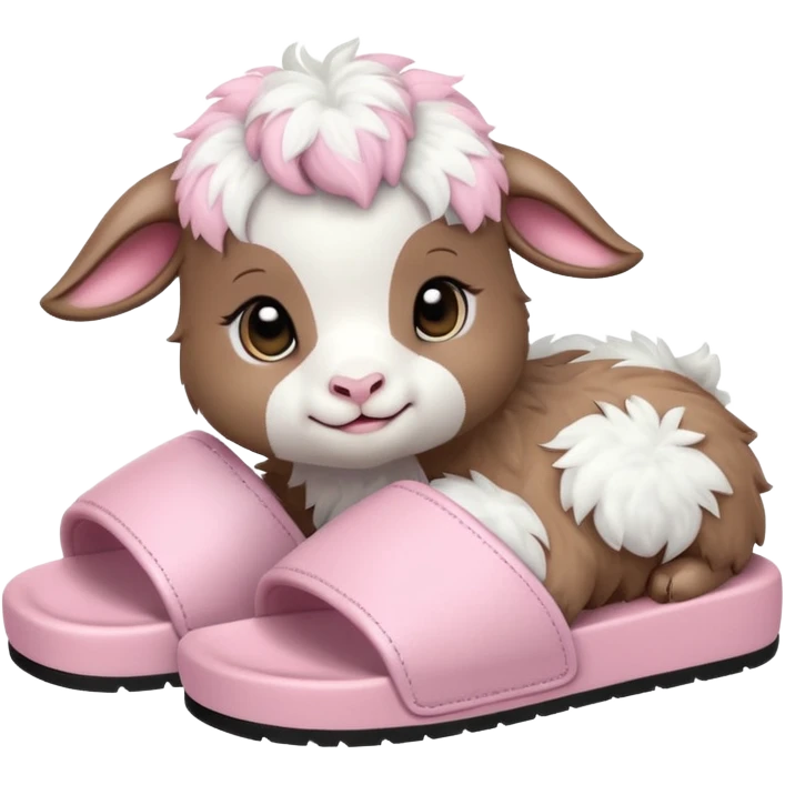 a baby goat emoji wearing pastel pink chunky slides emoji