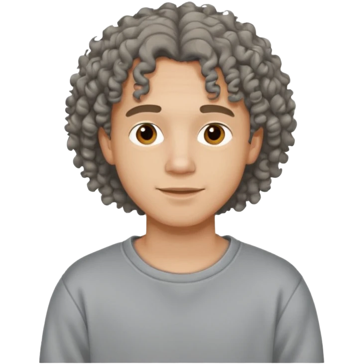 Молодой мужчина с вьющимися волосами средней длины, дружелюбное выражение лица, простой свитшот или лонгслив, стиль свободный и современный. emoji