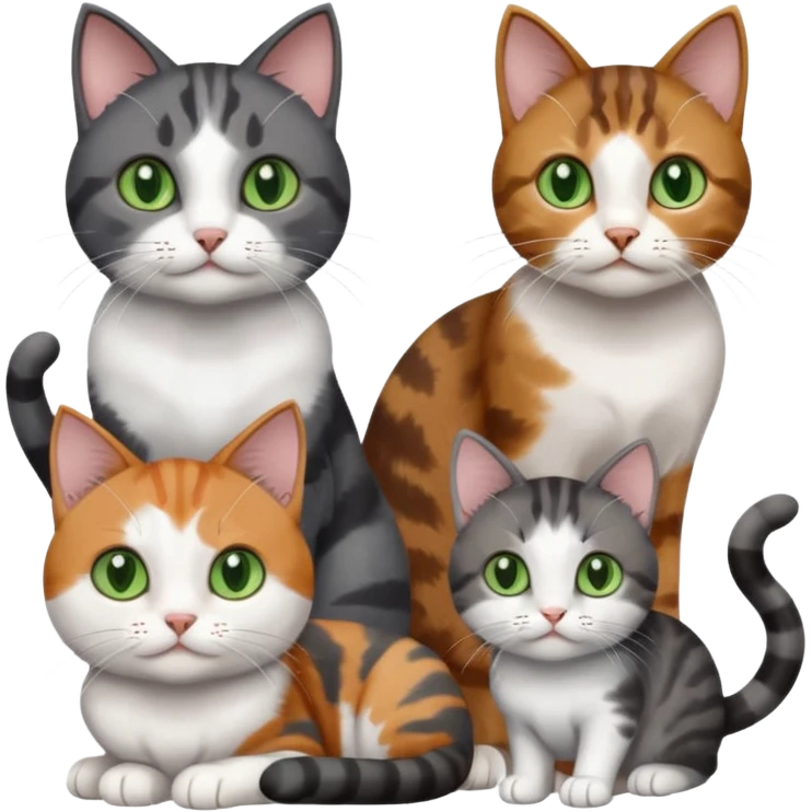 4 different coloured small cats including a dark grey and white, and a patchy calico, and a brown tabby and white,  and a completely solid dark grey with green eyes and only white paws emoji