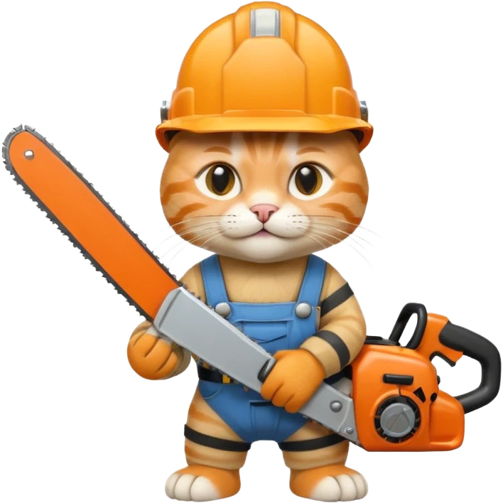 a cat in a construction helmet holds a chainsaw in his hands emoji