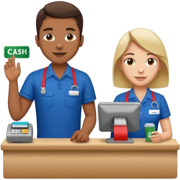 Supermarket employee at a cash register, full body, serving a man emoji