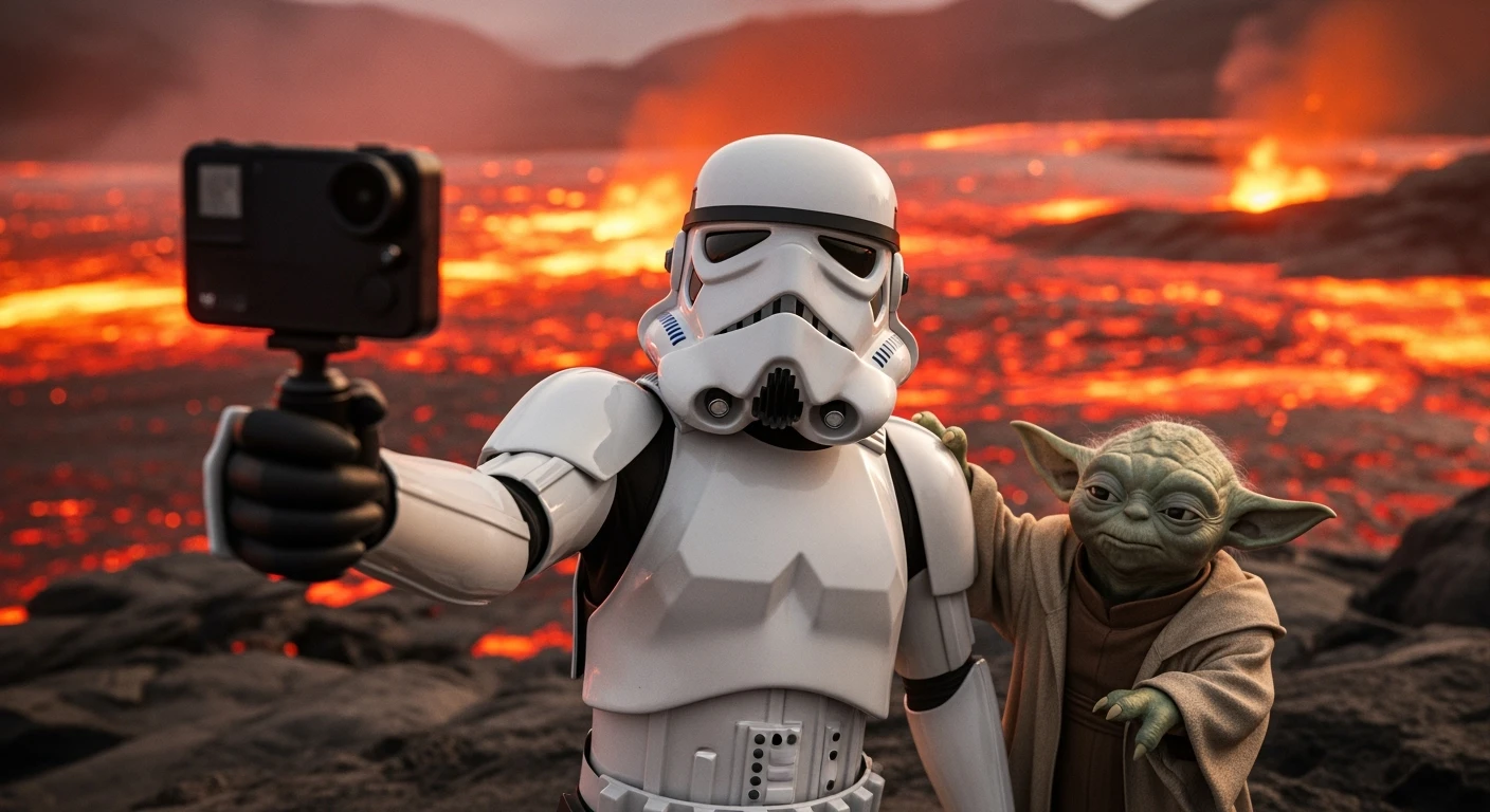 Cinematic still, selfie camera, Starwars stormtroopers vlogging , he is walking on lava planet with yoda emoji