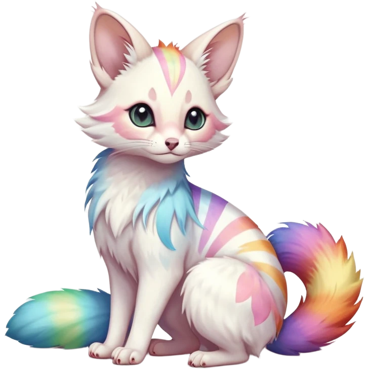  cute adorable pastel-iridescence-gradients albino fur with random colorful iridescent rainbow markings beautiful elegant pretty precious cute  Fakémon-Pokémon-opossum-feline-serval-caracal-chinchilla-Minccino-hybrid-creature with a big fluffy bushy striped tail (full body) emoji