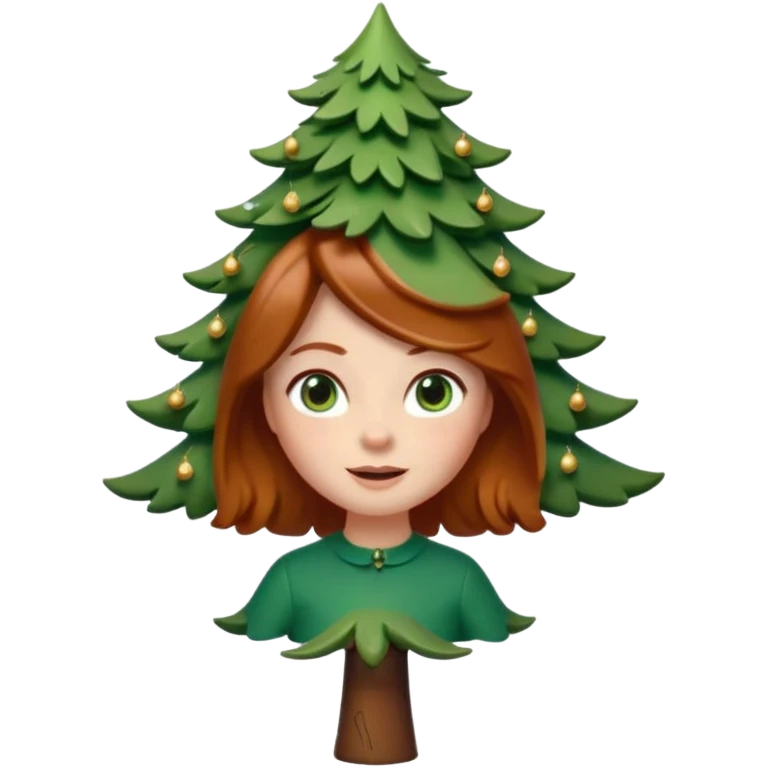 Style memoji iphone. Un petit sapin vert sylvestre, féminin, regard malicieux, tâches de rousseurs délicates, joues roses. Yeux de biche brillants en forme amande, yeux couleur ambre, tronc couleur acajou. Sapin en mouvement, incurvé pour un effet vivant. emoji