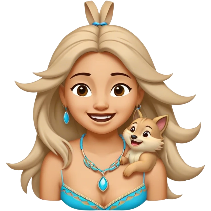 Cinematic Adorable Pocahontas Portrait Emoji, Laughing softly as Meeko tugs at her necklace, hair tousled in the wind, eyes full of warmth, a carefree spirit shining through, capturing the essence of beauty and playfulness! emoji
