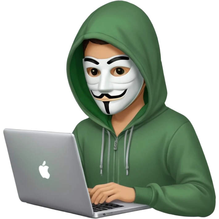 Хакер сидит в зелёной одежде в анонимус маске, печатает в ноутбуке, прозрачный фон. emoji