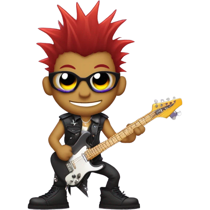 "Purple-skinned punk rock character with red mohawk hair, a mischievous grin, and edgy style. Holding a spiky electric guitar, wearing leather cuffs, ripped clothes, and fishnet stockings. Background is simple or transparent." emoji