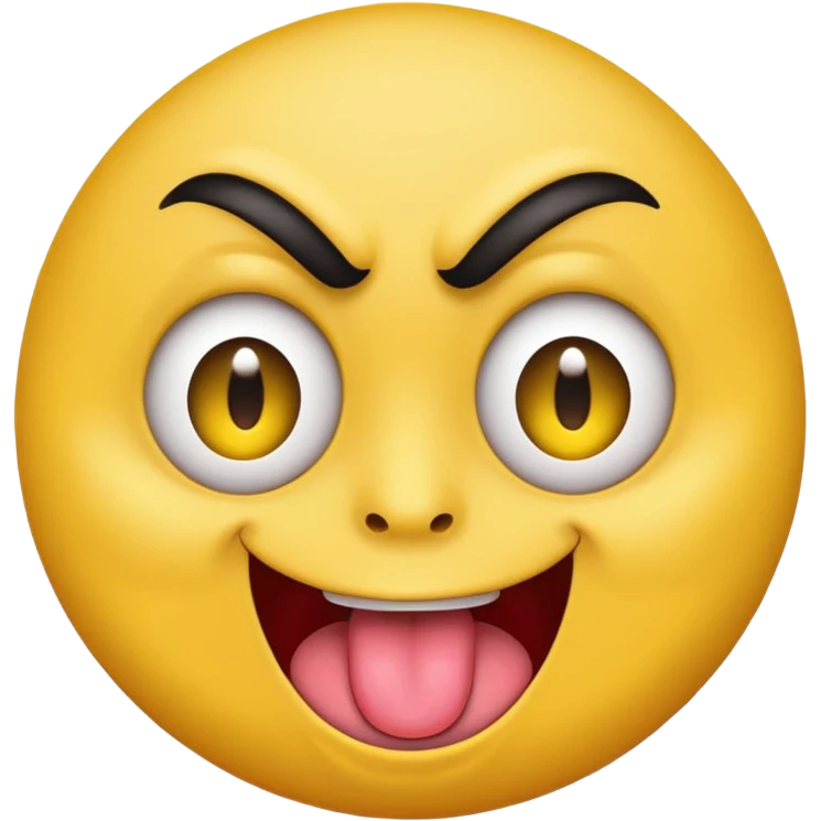A yellow round face emoji smirking with its tounge out but the eyes are evil and kind of crazy and the eyebrows are turned in but one is raised  emoji