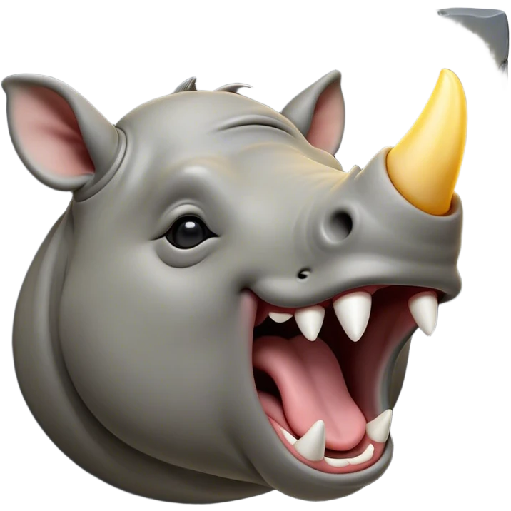 Cinematic Cute Yawning Rhinoceros Portrait Emoji, Head tilted slightly with a dramatic, wide-open yawn, showcasing a soft, textured slate-gray hide with a slightly drooping white horn and eyes barely open in drowsy contentment, Simplified yet irresistibly adorable features, highly detailed, glowing with a soft, cozy glow, high shine, relaxed yet expressive, stylized with a touch of rugged whimsy, bright and endearing, soft glowing outline, capturing the essence of a sleepy yet affectionate rhinoceros, so drowsy it feels like it could stretch out of the screen and curl up for a nap! emoji