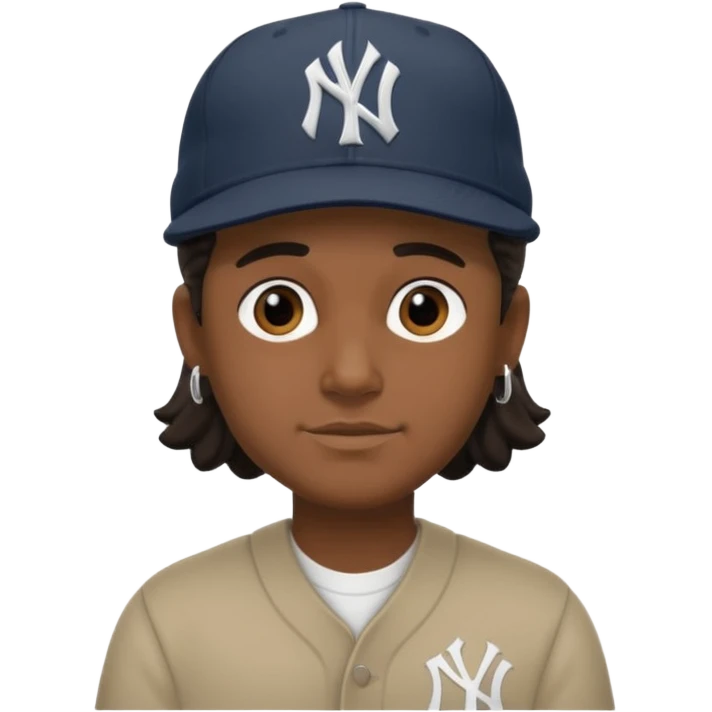 Hazme un moreno con aretes pequeños en las orejas con mucho volumen atrás una gorra plana new York yankee  emoji