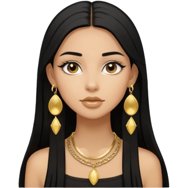 Pero que sea de una chica morena con pelo negro largo lacio. Que siempre utilize aretes dorados y axxesorios dorados y que sea AESTHETIC como pinterest emoji