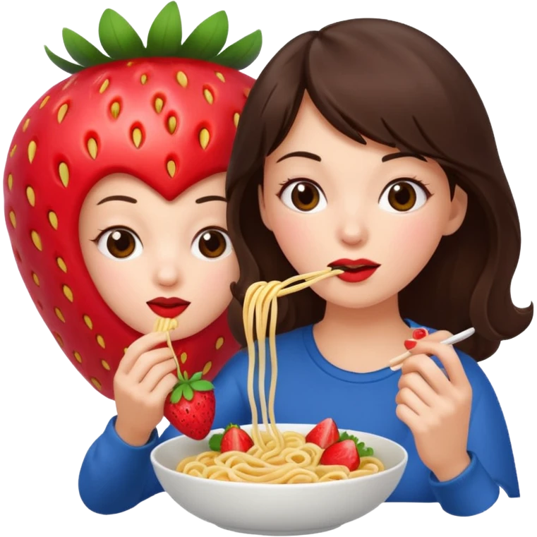 A brunette woman eating noodles next to a giant strawberry emoji