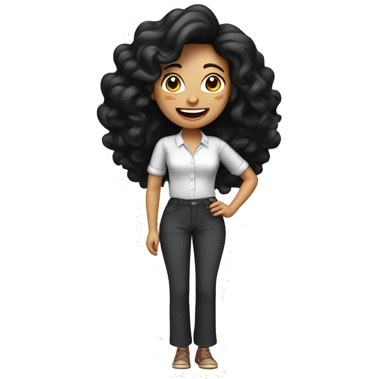 And a 3D illustration of a female character with long medium curly black hair smiling wearing lipstick round face black eyes animated point the character should wear modern casual clothing such as pantaloon pants formal blouse emoji