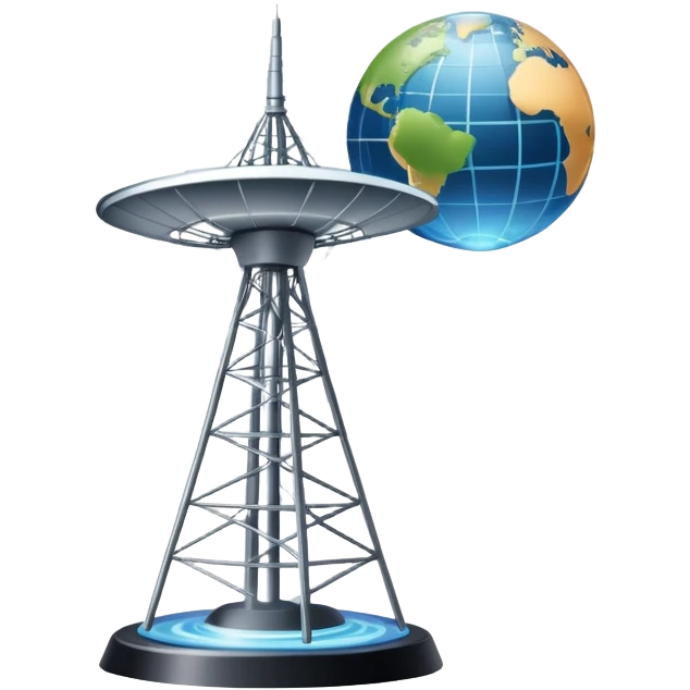 An icon featuring a satellite dish, cell tower with signal waves, and a globe connected by lines, symbolizing telecommunications. The design includes data signals, network nodes, and a mobile device, representing global digital communication. Transparent background emoji