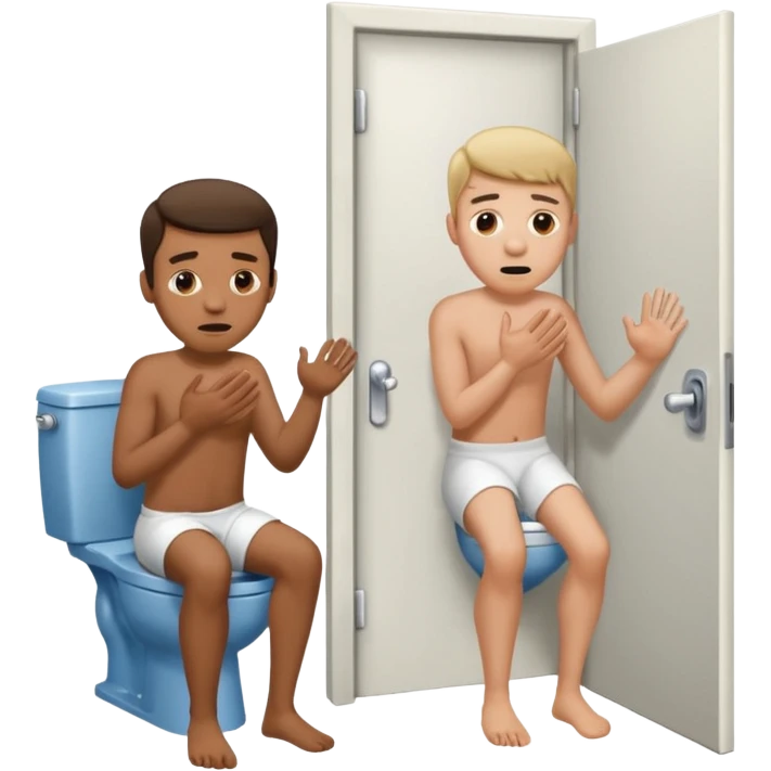 Man using the toilet while the other man is banging on the door begging holding it emoji