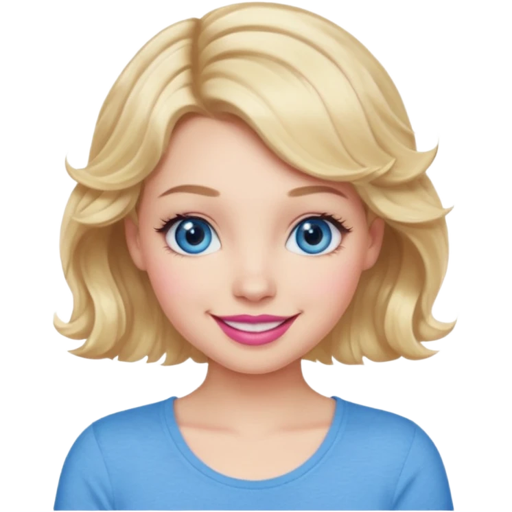 Girl Blonde short wavy hair,  blue eyes, cute blue top, long lashes, pink lips, 👄 big smile emoji
