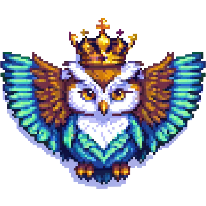 pixel art crowned owl, flying with crown slightly tilted emoji