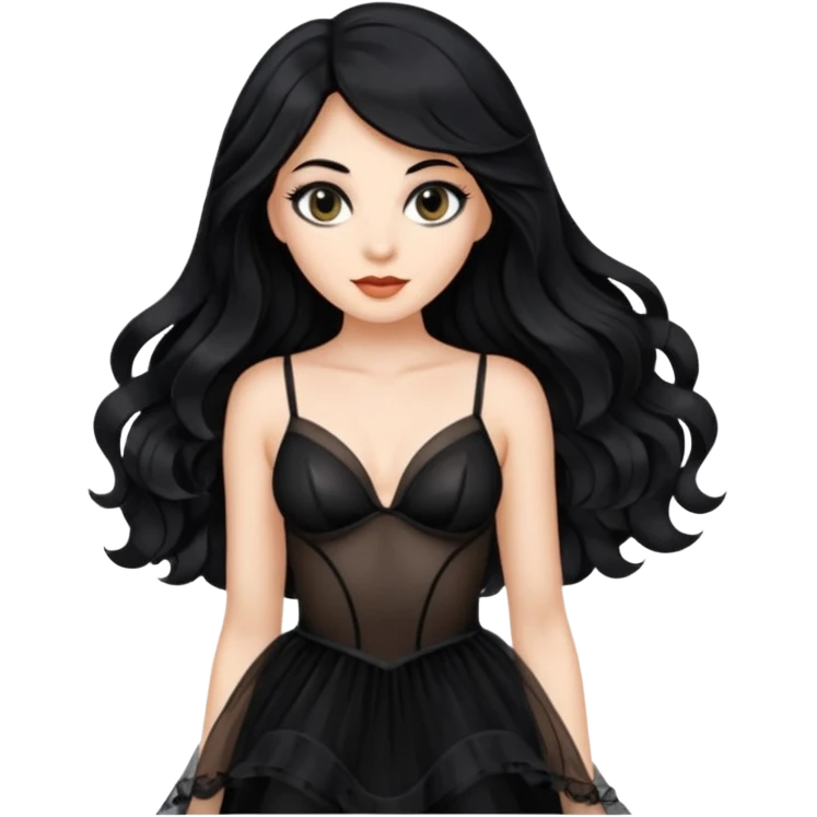 Beyaz tenli siyah tül çok açık elbise giyen siyah dalgalı saçı olan çekik gözlü  emoji