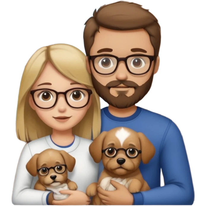 brown haired bearded man wearing glasses with a blond girl holding a puppy with a front door behind them emoji