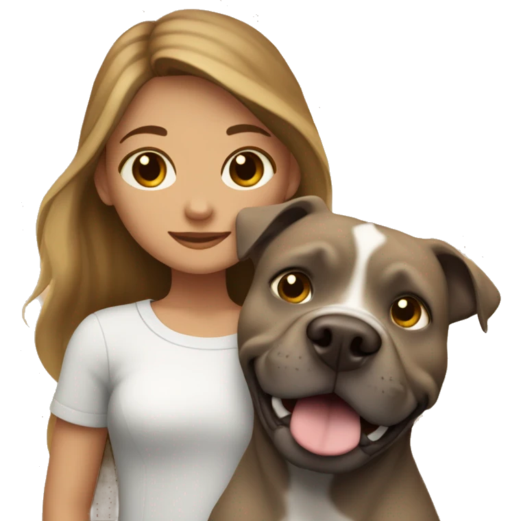 a girl with dark blond long hair with gray eyes hugging a brown pit bull dog emoji