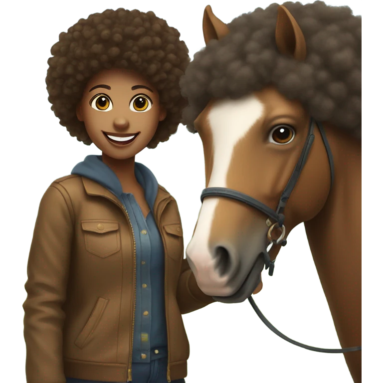 smiling girl with afro hair and horse emoji