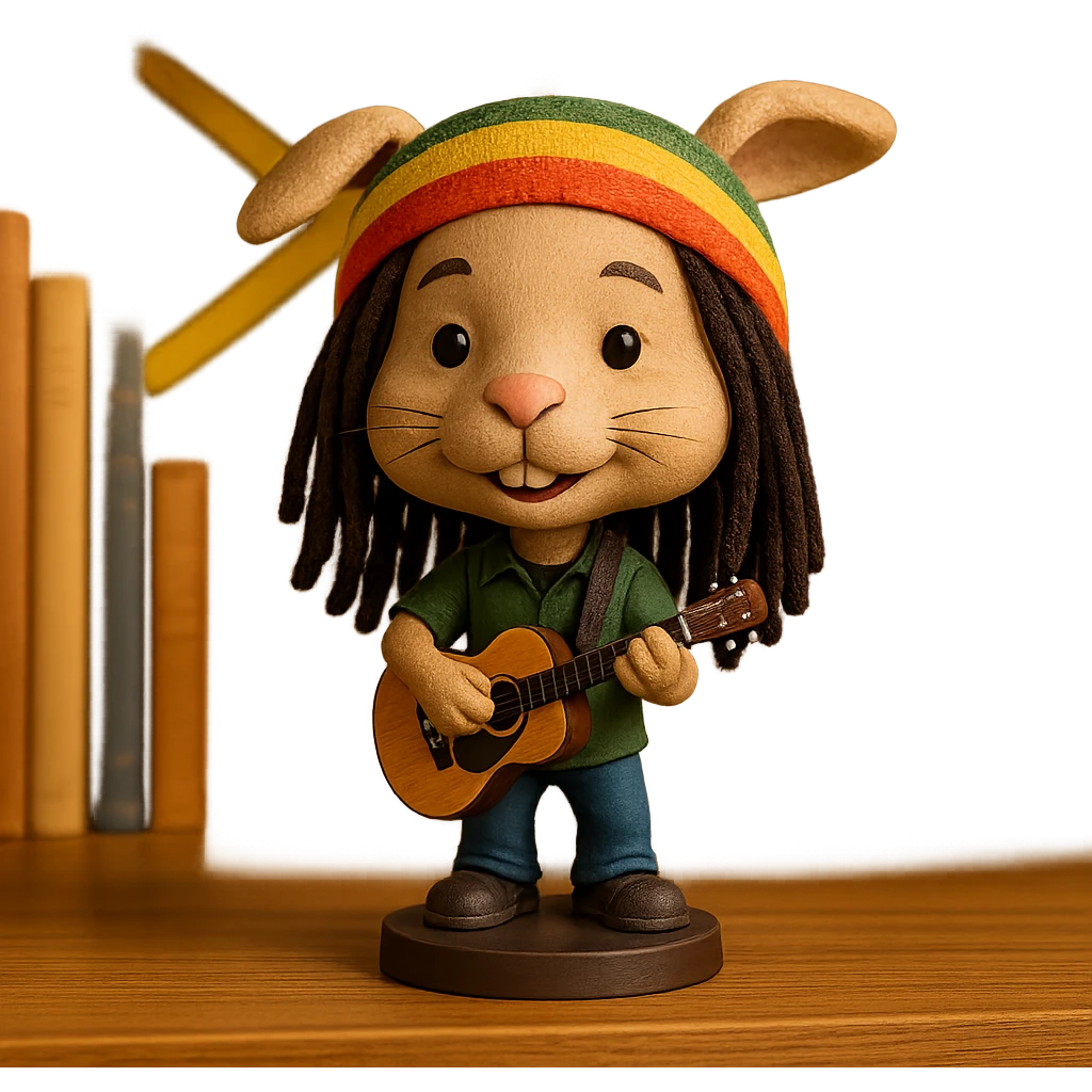 a bunny performing reggae music, dressed like Bob Marley, with a Jamaican flag in the background emoji