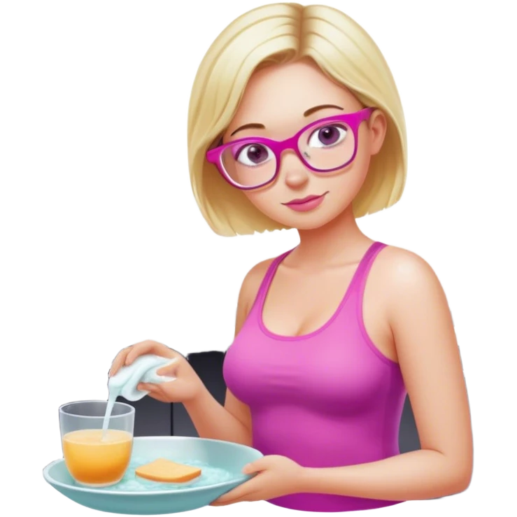 Intimate, Curvy fair and freckled skinned woman, short blond hair, small light purple reading glasses, washing dishes, short flowing sheer hot pink tank top, without undergarments SFW, black yoga pants, thick booty emoji
