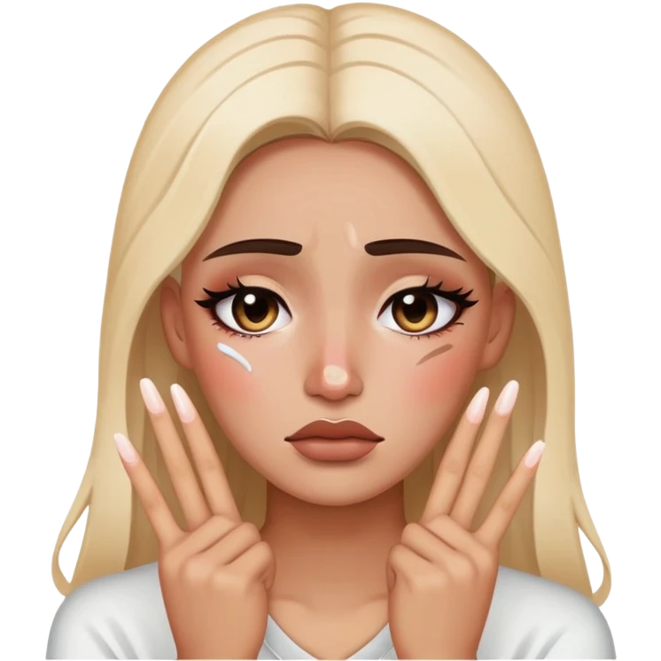 Create a classic emoji that is tired and crying but posing for Instagram with a peace sign and full makeup emoji